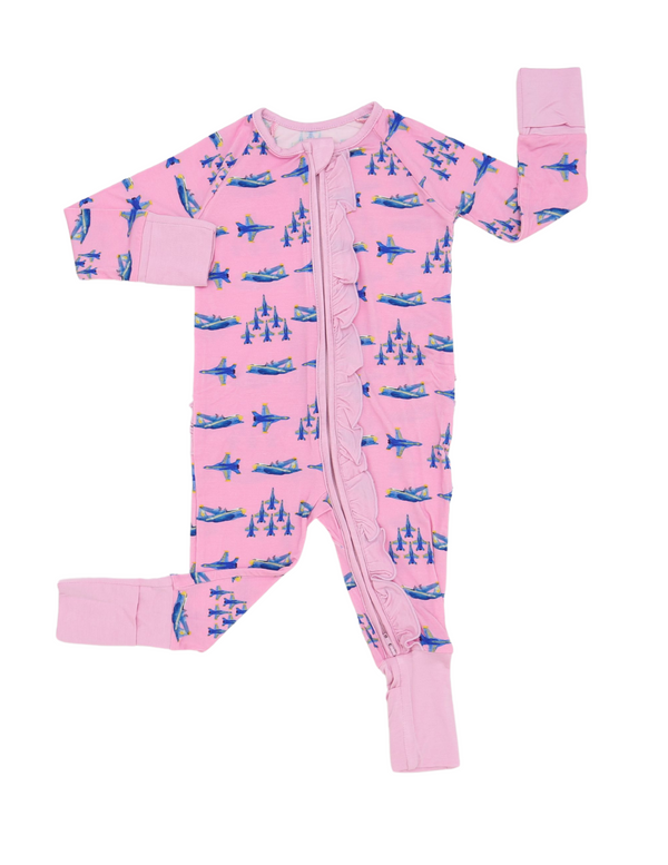 Main Street Bamboo Zipper Ruffled Onesie PJs - The PINK Blues