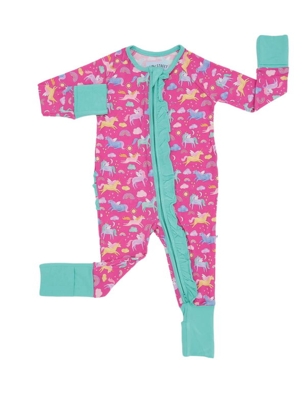 Bamboo Ruffled Zipper Onesie PJs - Unicorn Magic