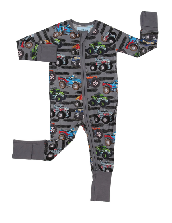 Main Street Bamboo Zipper Onesie PJs - Monster Trucks