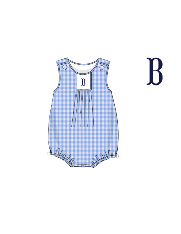 Personalized Initial  Liberty Floral & Blue Gingham Smocked Cobblestone Bubble