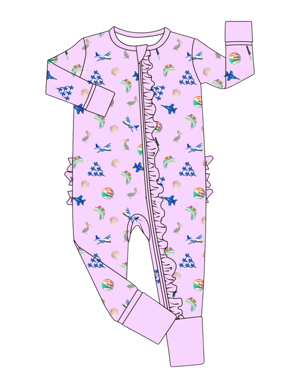 PREORDER ETA JUNE: Main Street Bamboo Zipper Ruffled Onesie PJs - Pensacola "Where Florida Begins" Pinkie-Purple Paradise