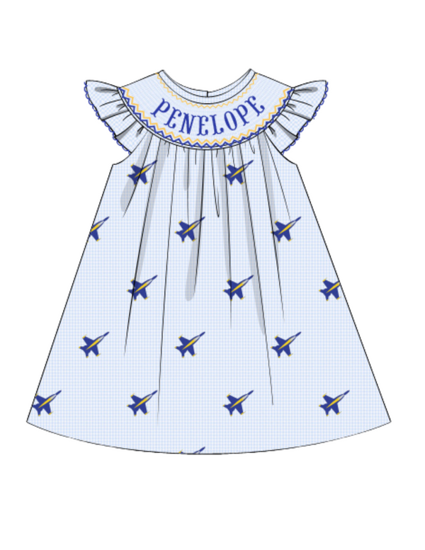 Personalized Blues Smocked Bishop Dress